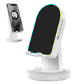 RGB LED phone stand white with cyan green lighting side buttons USB port