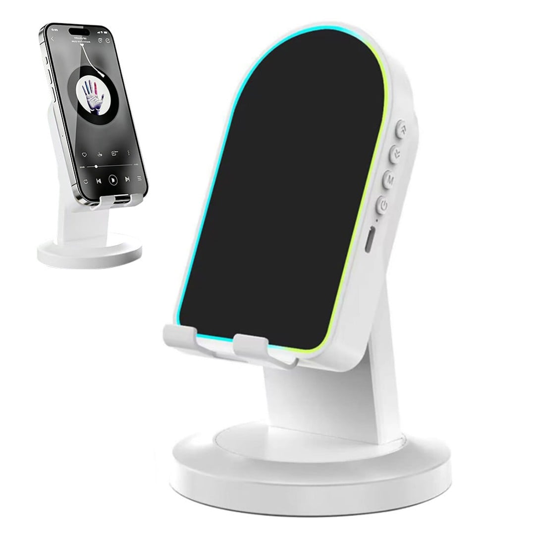 RGB LED phone stand white with cyan green lighting side buttons USB port