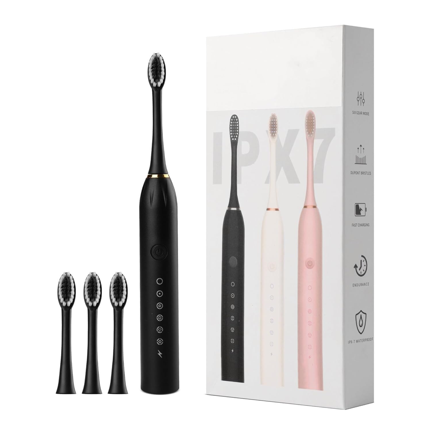 Sonic electric toothbrush black with 3 replacement heads and box showing 3 colour options