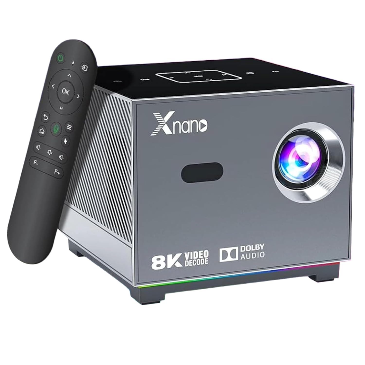 Xnano 8K Smart Projector – Android WiFi Bluetooth Home Theatre with Dolby Audio, RGB Lighting & Voice Remote