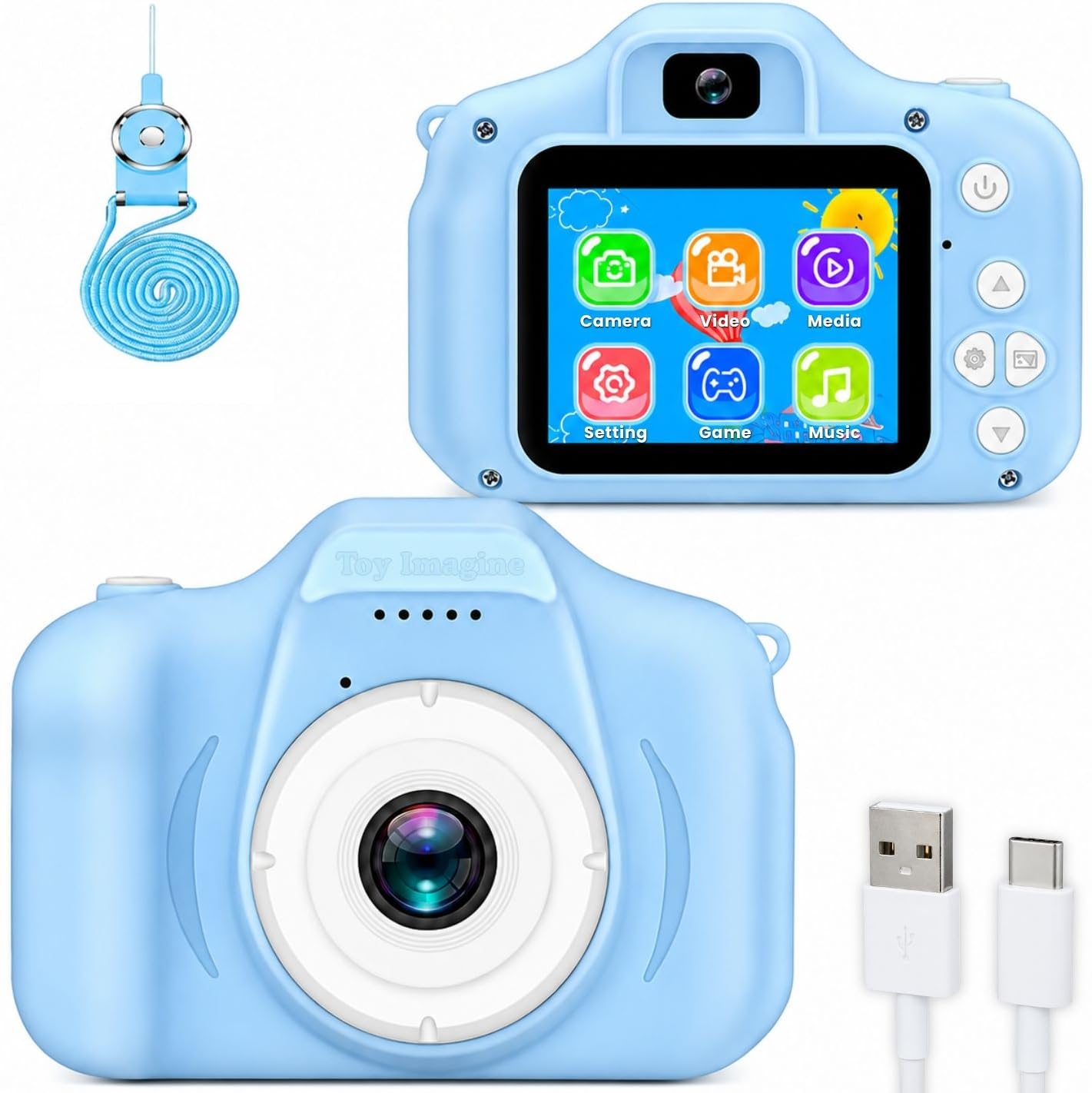 Kids Digital Camera Blue - front and back view with accessories