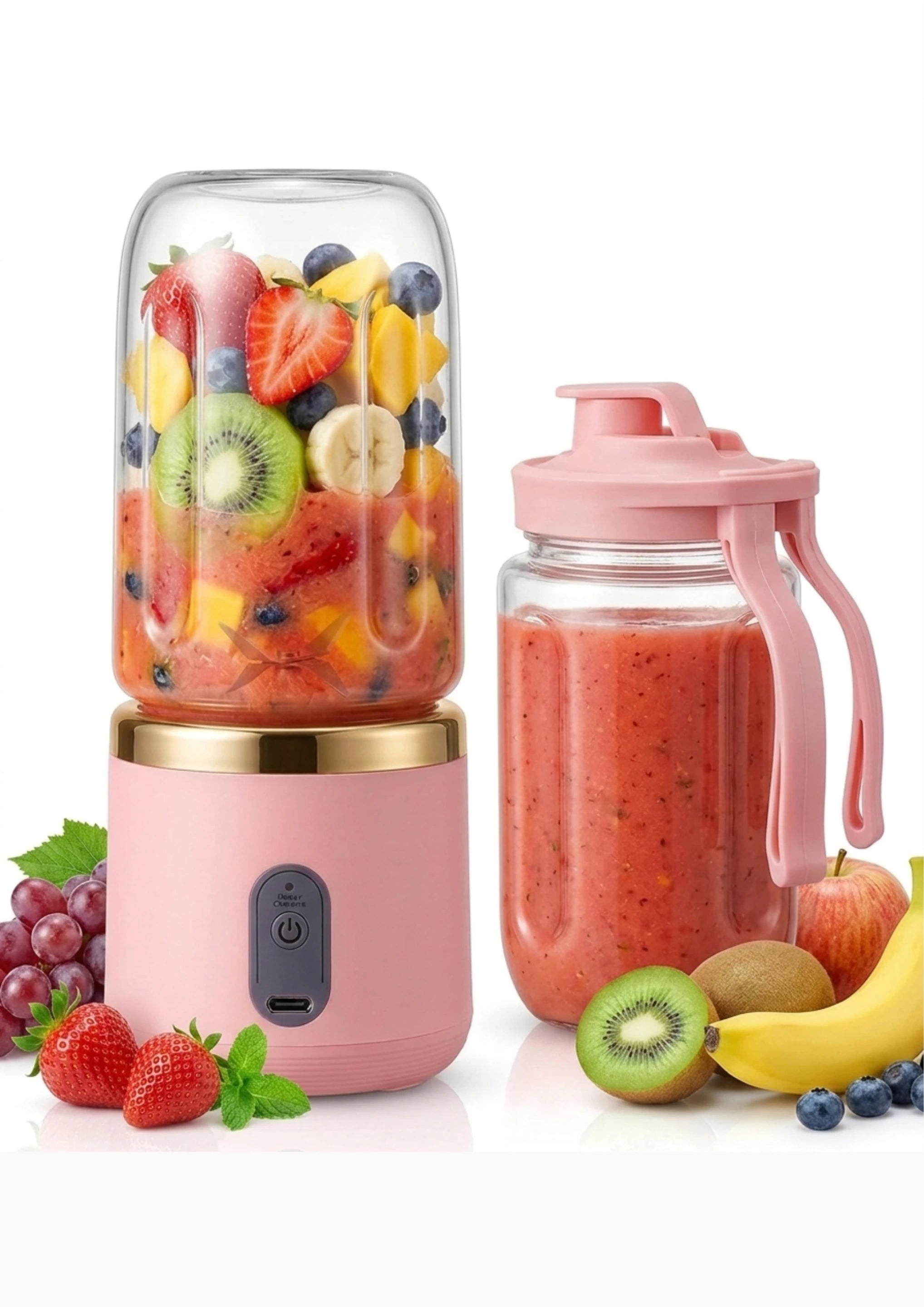 Portable Pink Blender with leak-proof flip-top jar and fresh fruits