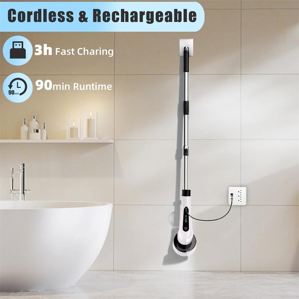 New 9-in-1 Cordless Electric Spin Scrubber for Bathroom & Home | 8+ Brush Heads, Adjustable Speeds, LED Display, Long Handle | Powerful 350RPM Cleaning Brush for Floor, Tub, Tile, Car