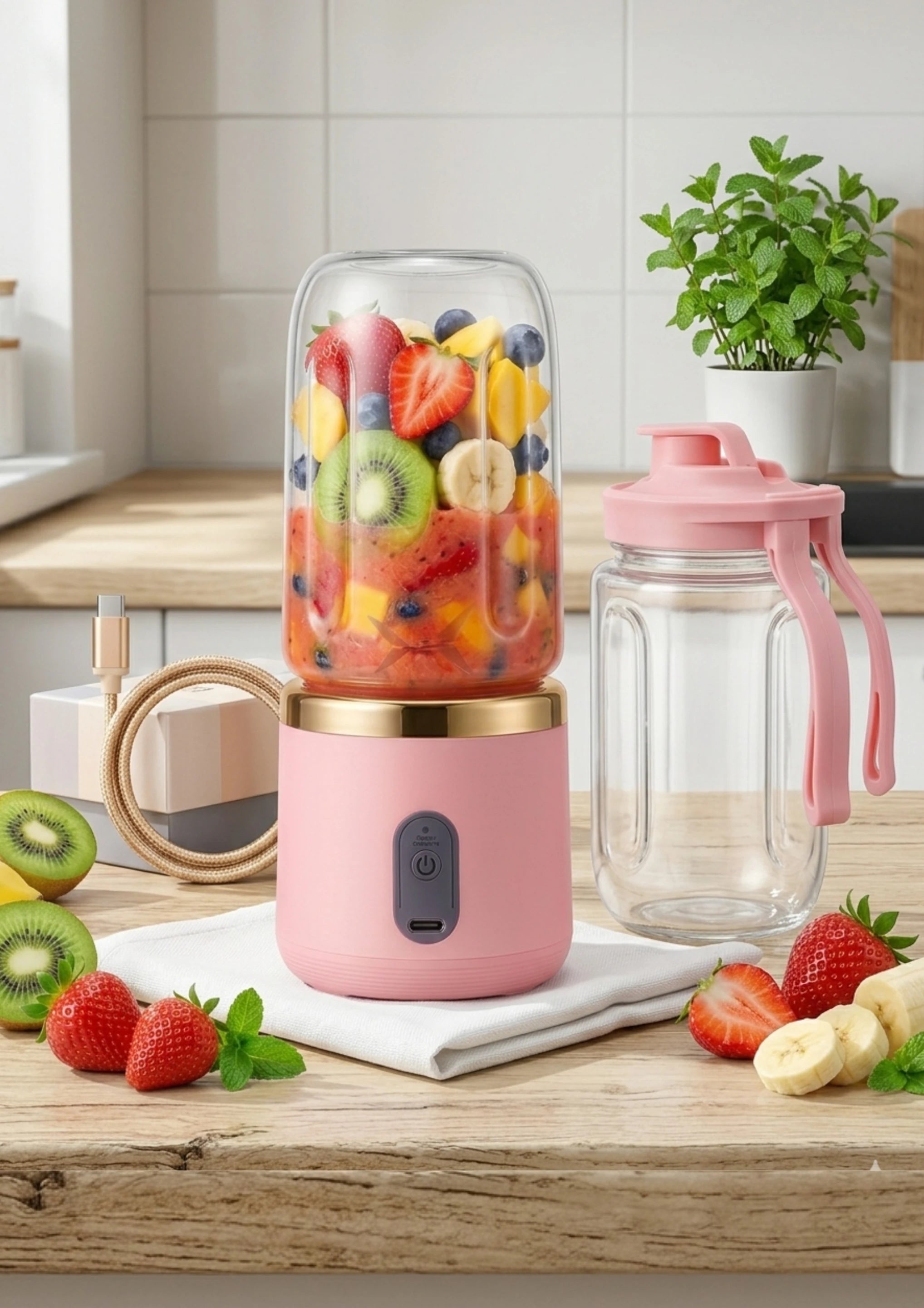 Portable Blender on kitchen counter with fruits and USB-C charging cable