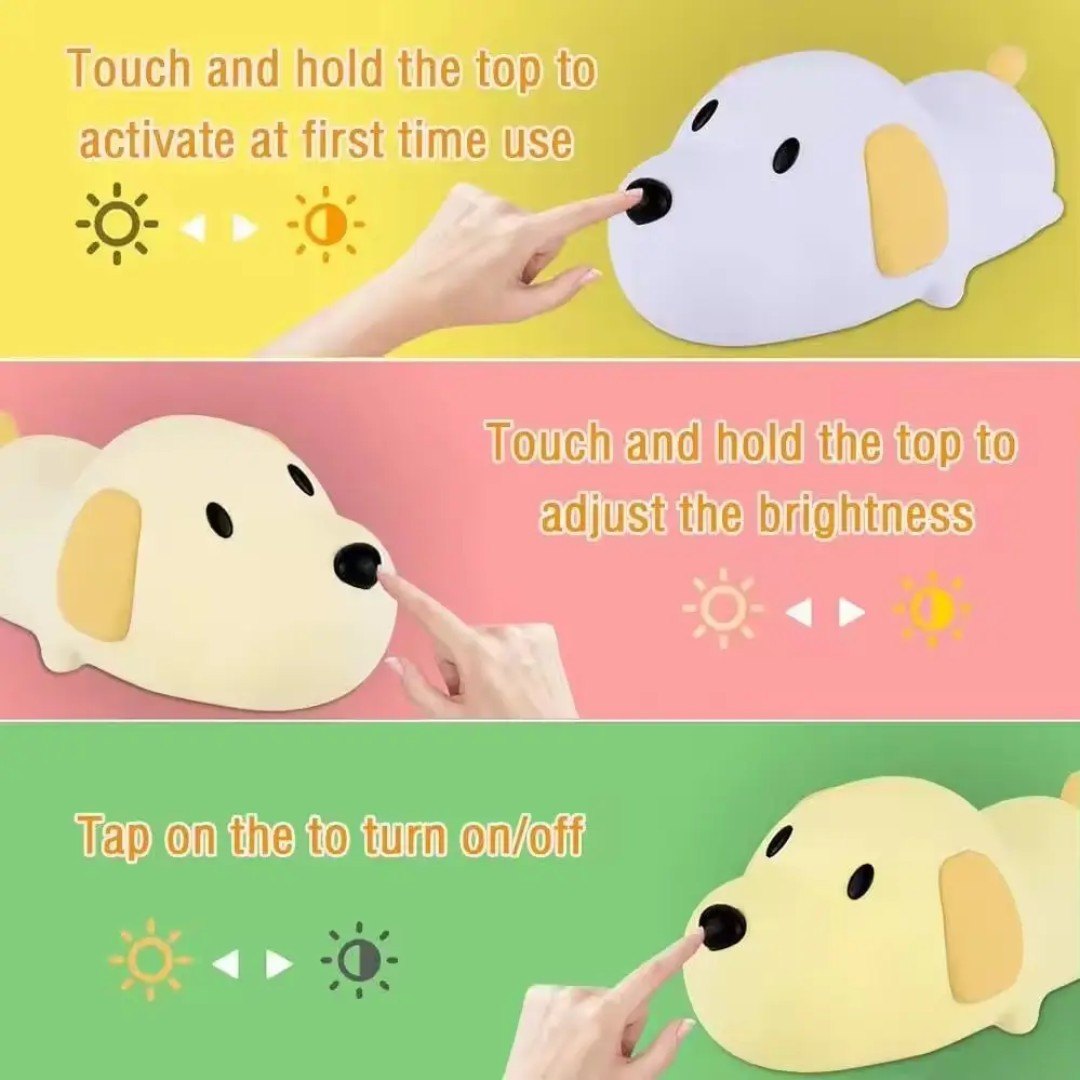 Cute Dog Silicone Night Light – Touch Control, Stepless Dimming, 15Hr Battery | USB Rechargeable Kids Lamp