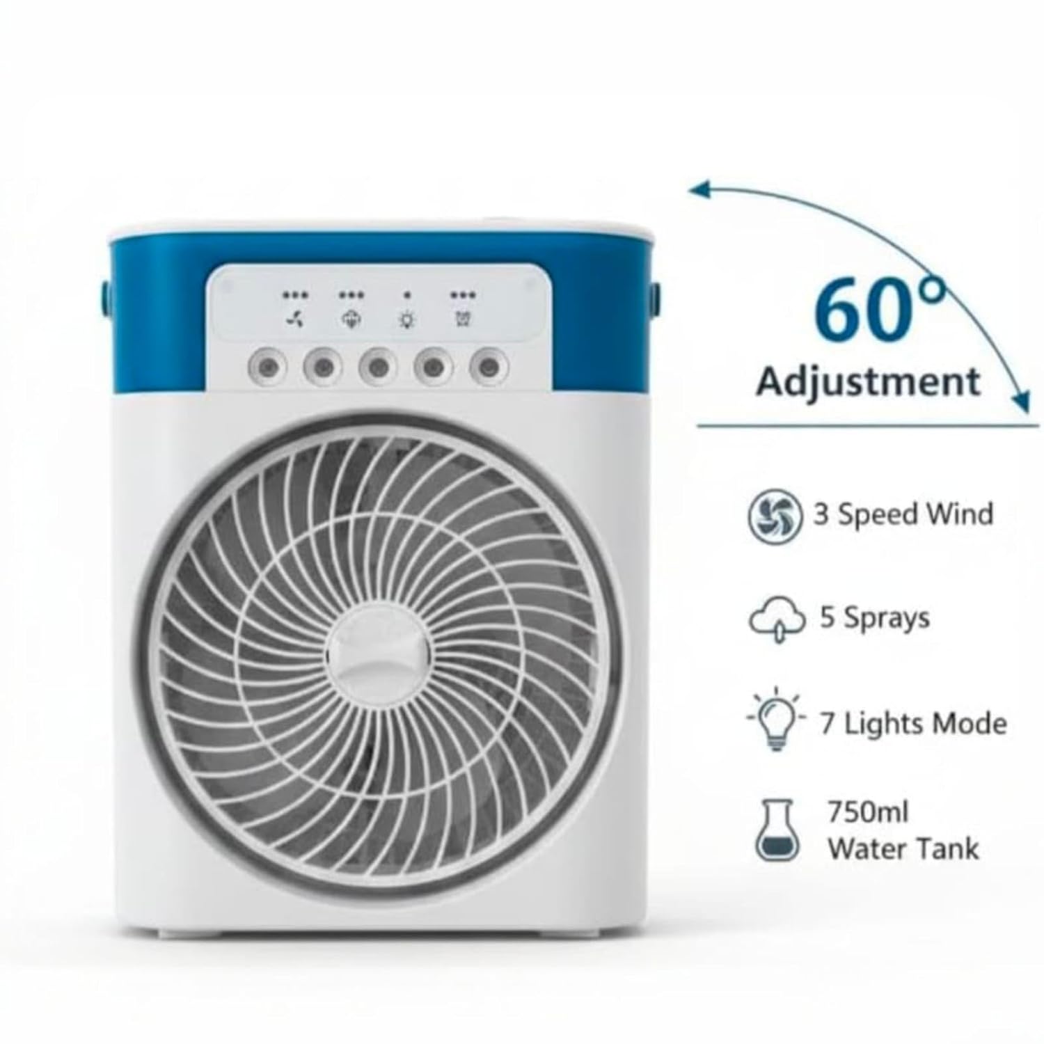 Portable Mini Air Cooler Fan with Mist Spray, 3 Speed, 7 LED Lights & 750ml Water Tank