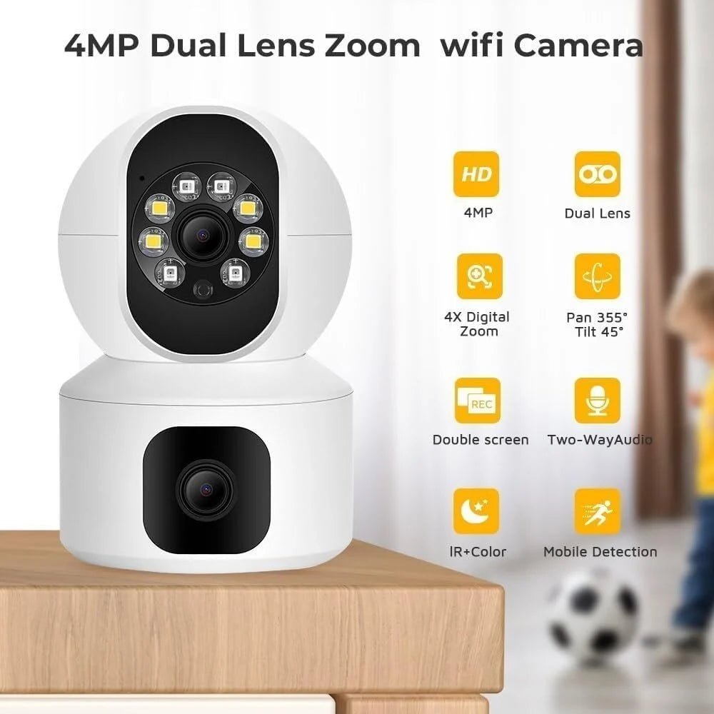 4MP Dual Lens WiFi Security Camera – 4X Zoom, Pan 355°, Smart Night Vision, 2-Way Audio | Indoor CCTV for Home & Baby Monitor