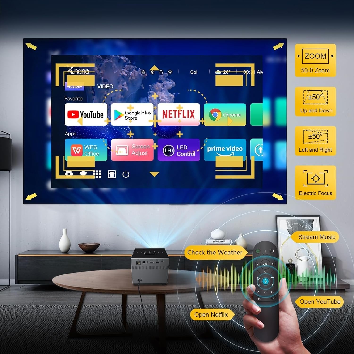 Xnano 8K Smart Projector – Android WiFi Bluetooth Home Theatre with Dolby Audio, RGB Lighting & Voice Remote