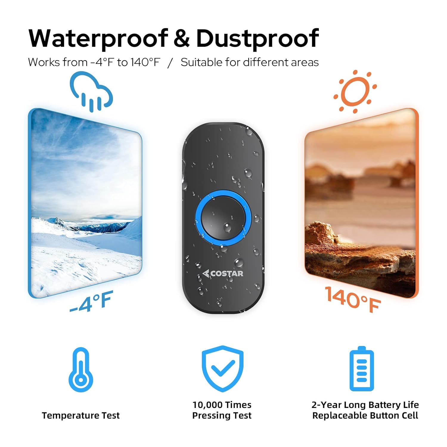 Waterproof and dustproof - works from -4F to 140F, 10000 pressing test, 2-year battery life