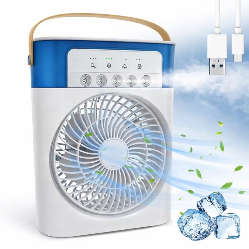 Portable Mini Air Cooler Fan with Mist Spray, 3 Speed, 7 LED Lights & 750ml Water Tank