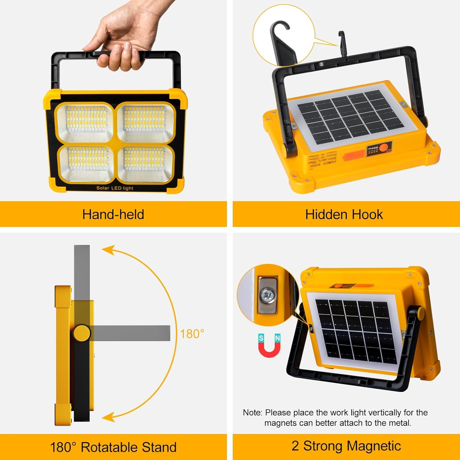Solar LED work light 12000mAh power bank charges phone and earbuds