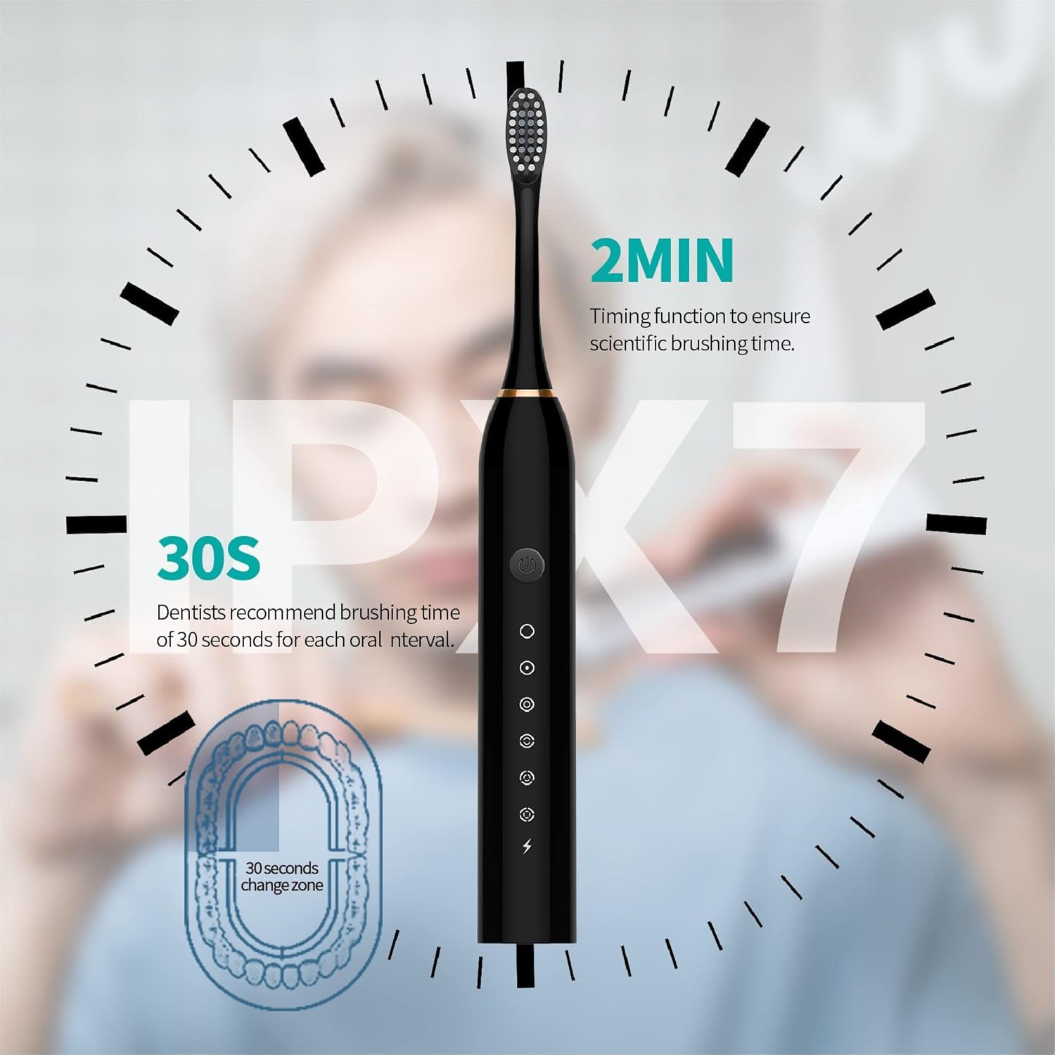 Sonic electric toothbrush 2 minute timer 30 second zone change IPX7