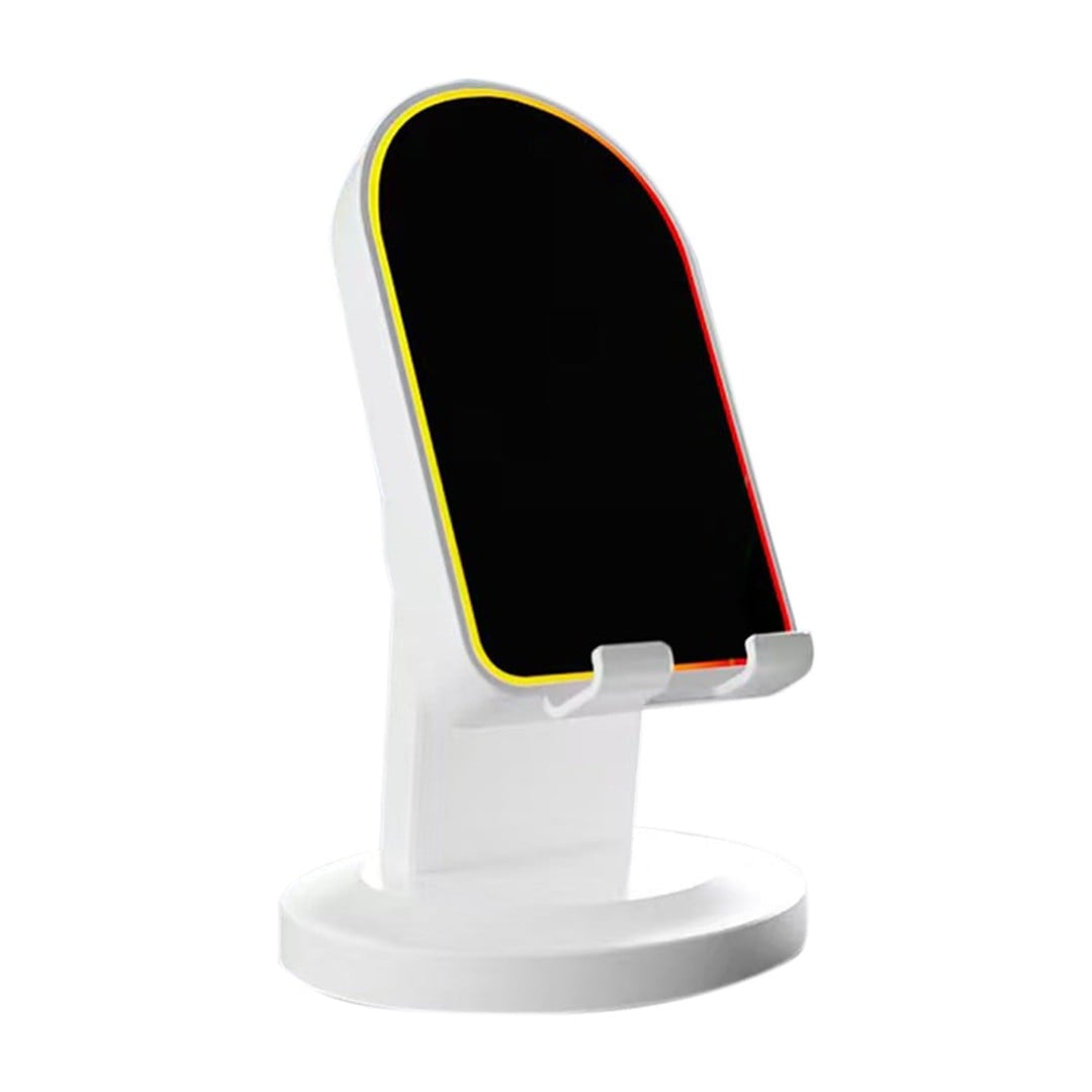 RGB LED phone stand white on wooden desk lifestyle cyan green glow