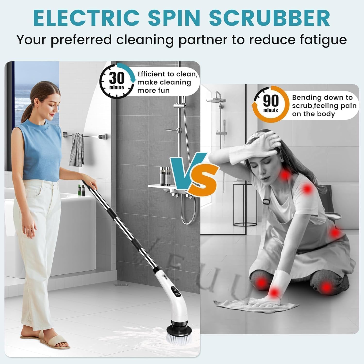 New 9-in-1 Cordless Electric Spin Scrubber for Bathroom & Home | 8+ Brush Heads, Adjustable Speeds, LED Display, Long Handle | Powerful 350RPM Cleaning Brush for Floor, Tub, Tile, Car