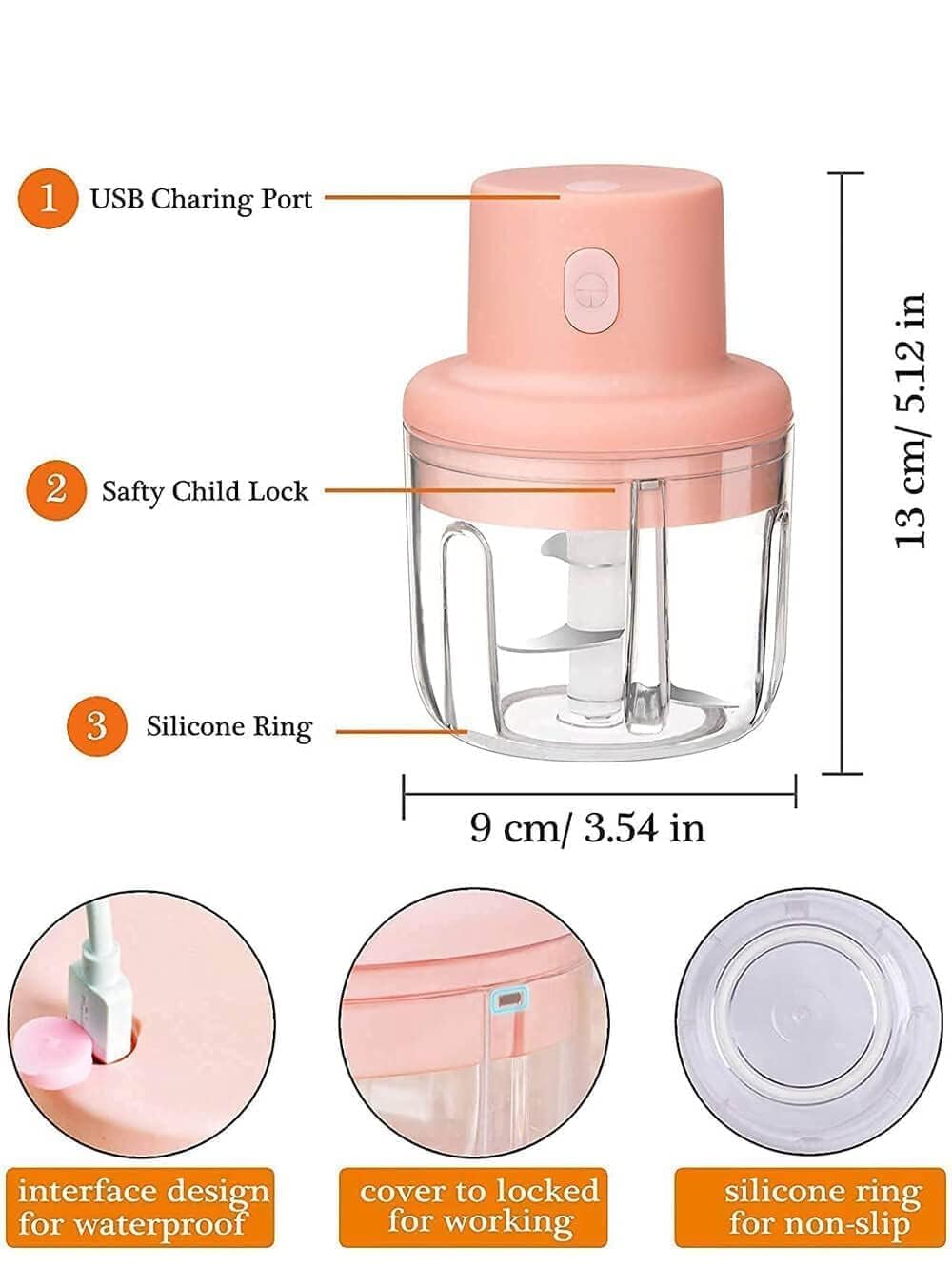Mini electric food chopper dimensions 9cm x 13cm USB port child lock silicone ring