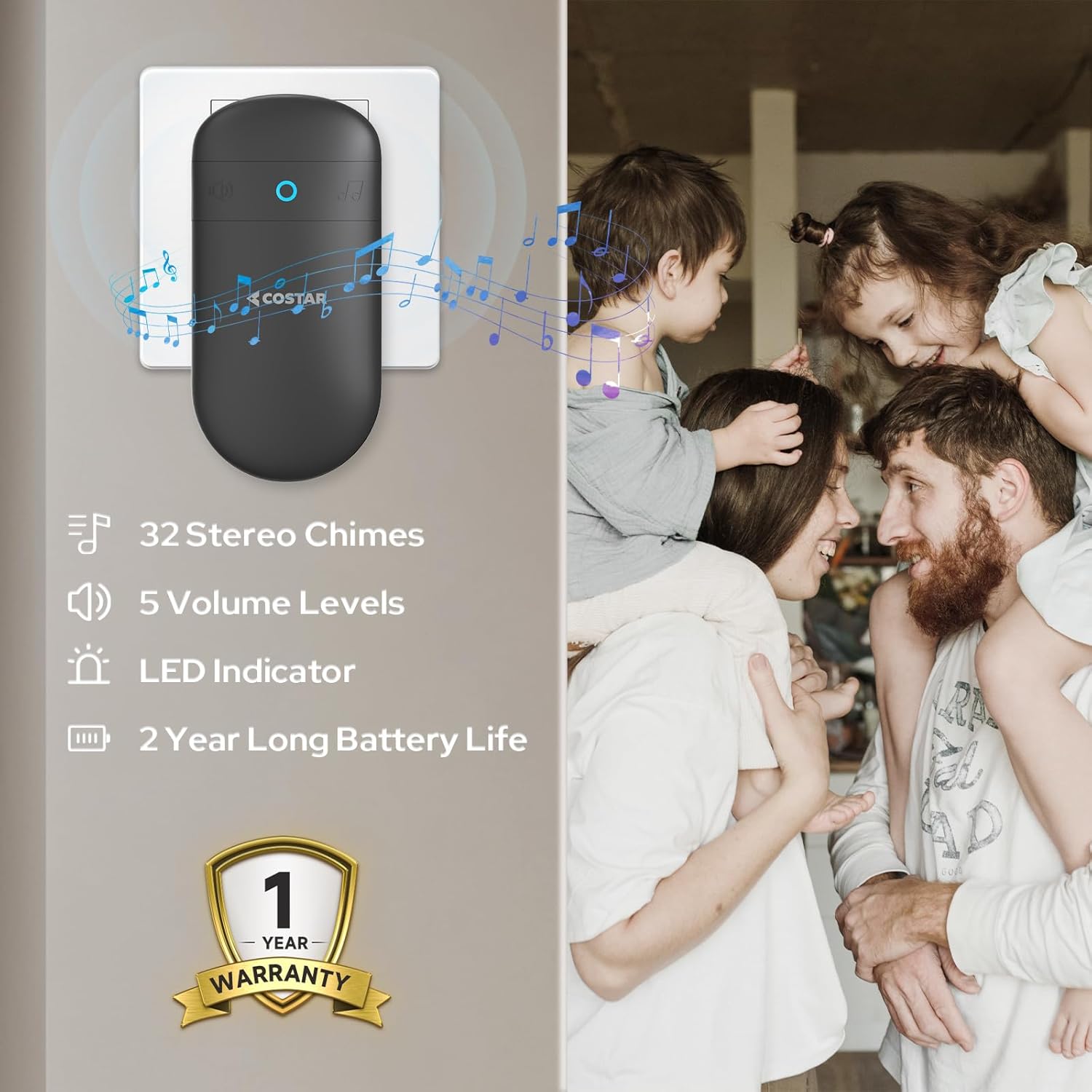 32 Stereo Chimes, 5 Volume Levels, LED Indicator, 2 Year Battery Life, 1 Year Warranty