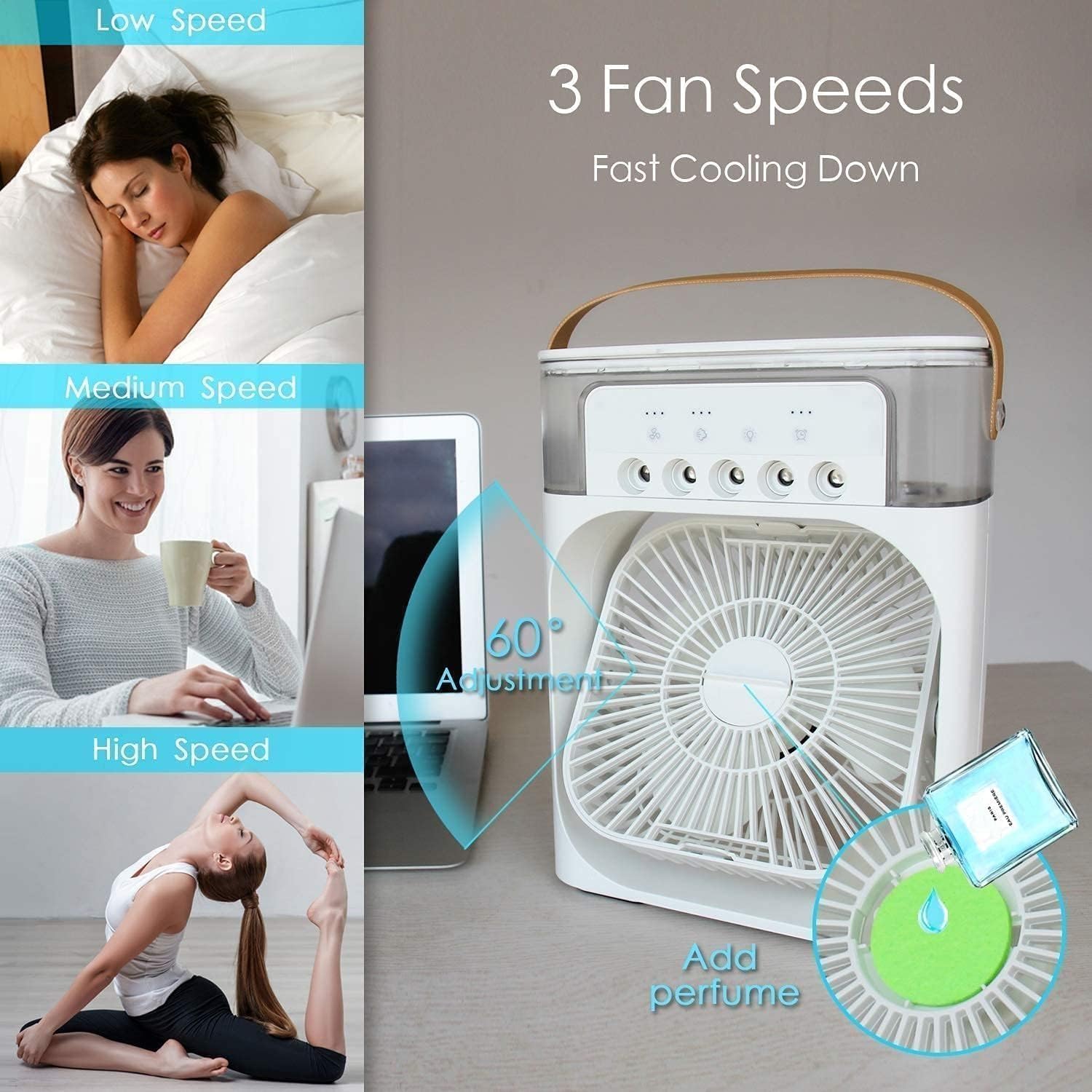 Portable Air Cooler Fan with Water Tank & USB Power | Mini Evaporative Cooler, 3 Speeds, Mist Humidifier, 7-Color LED, Quiet Cooling (MultiColor)