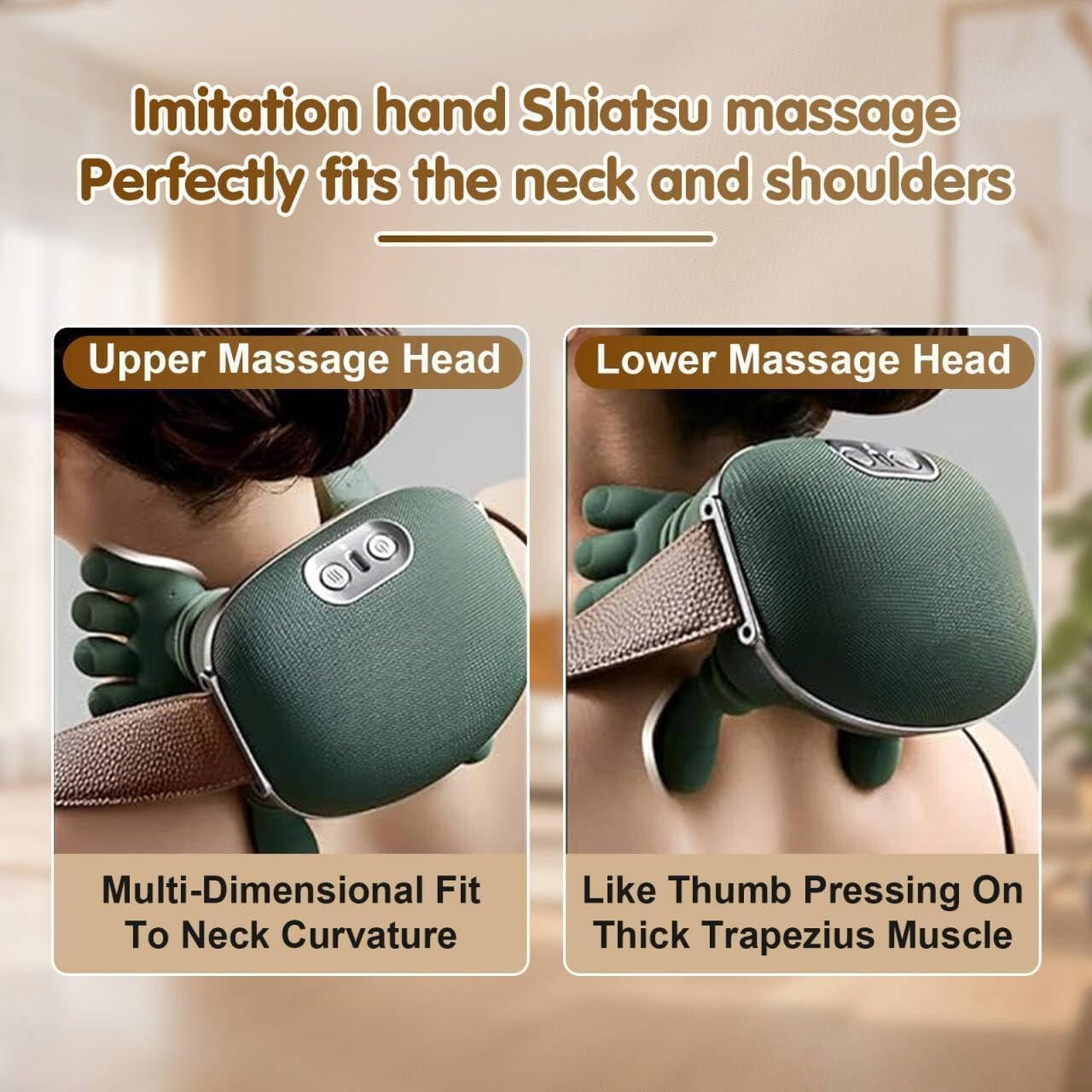 Electric Neck & Shoulder Massager with Heat – Shiatsu Hand-Shaped Deep Tissue Kneading Massager for Neck, Back & Legs