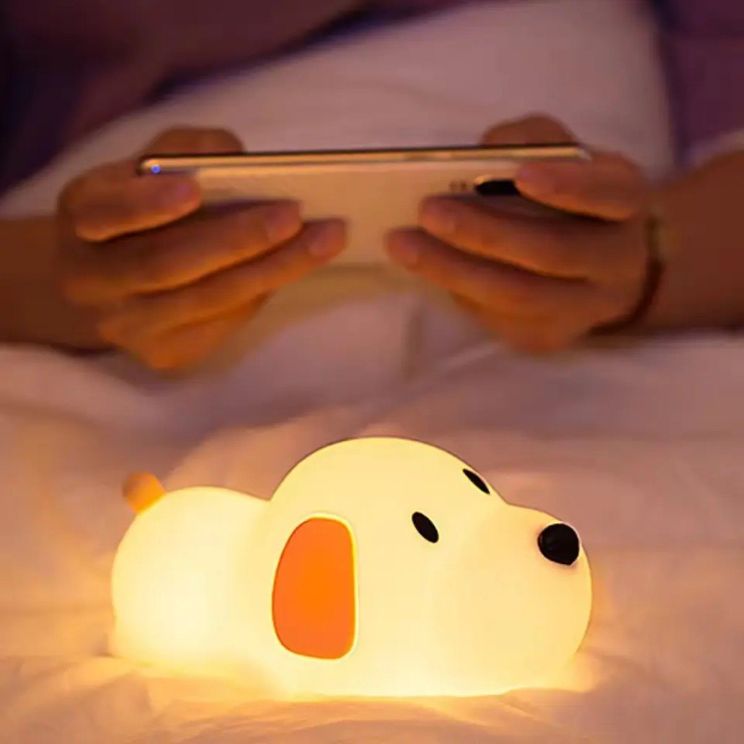 Cute Dog Silicone Night Light – Touch Control, Stepless Dimming, 15Hr Battery | USB Rechargeable Kids Lamp