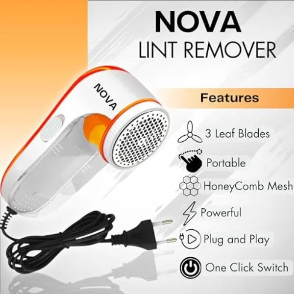 Nova lint remover features 3 leaf blades honeycomb mesh plug and play one click switch