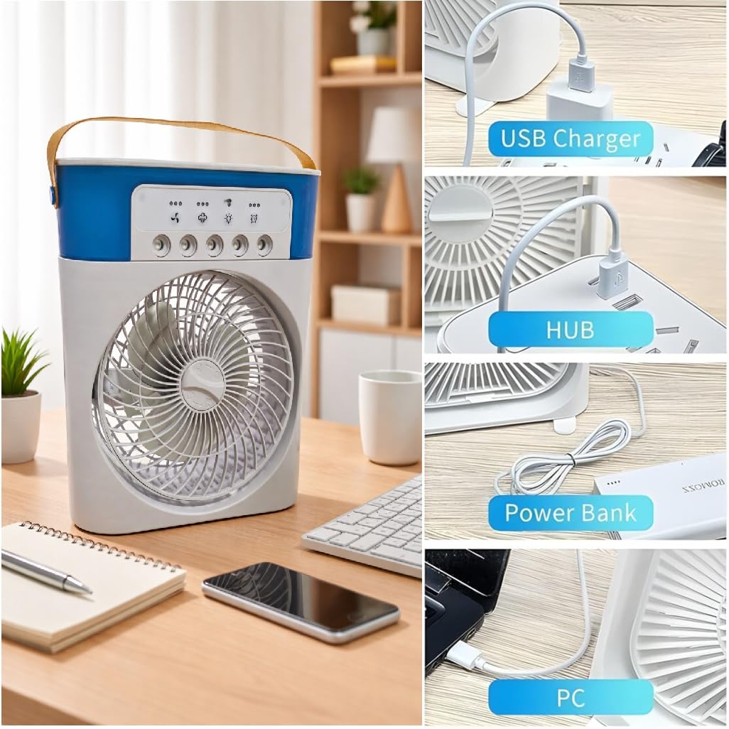 Portable Mini Air Cooler Fan with Mist Spray, 3 Speed, 7 LED Lights & 750ml Water Tank