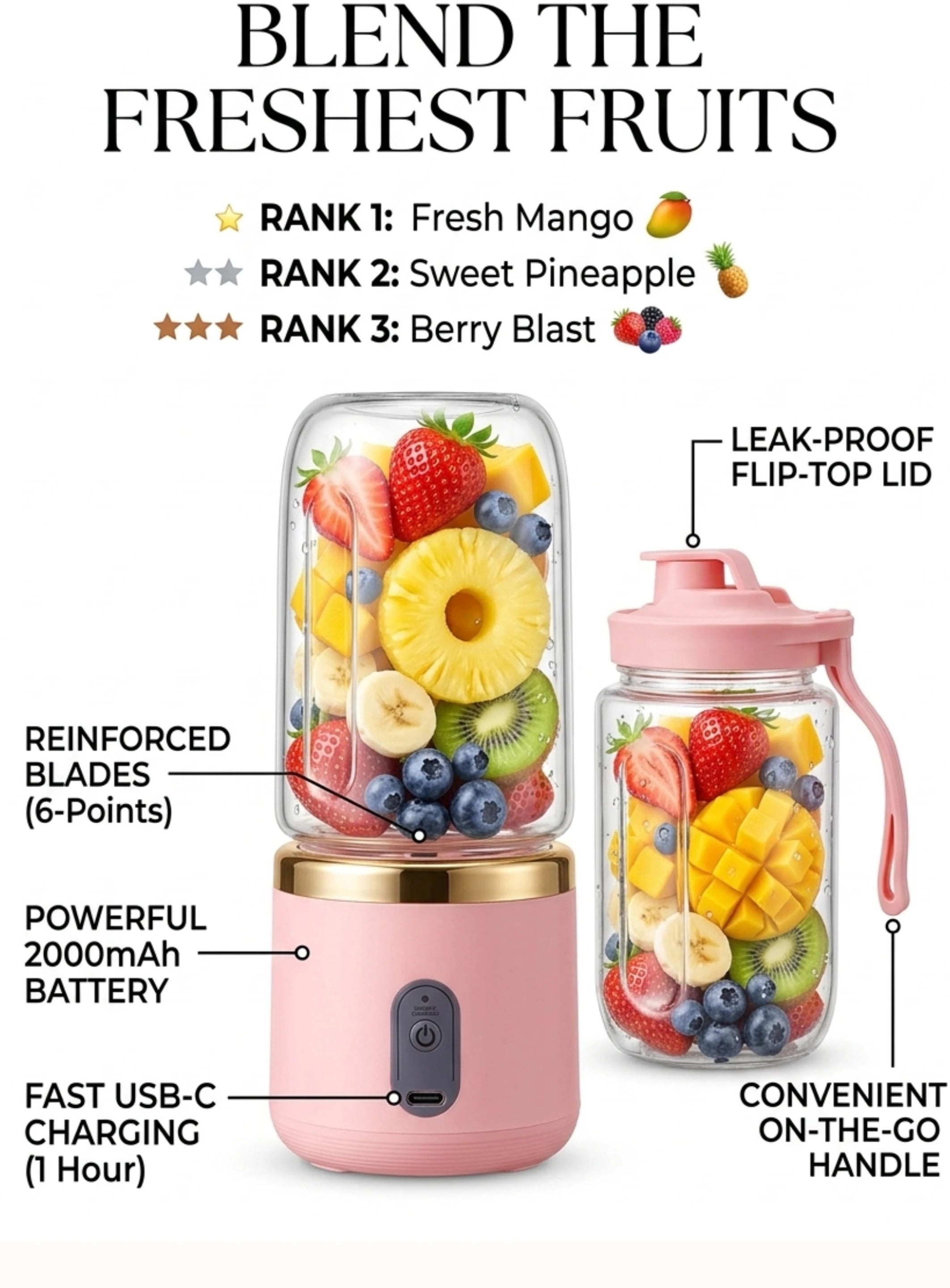 Blend the Freshest Fruits - 6-point blades, 2000mAh battery, fast USB-C charging, leak-proof lid and on-the-go handle
