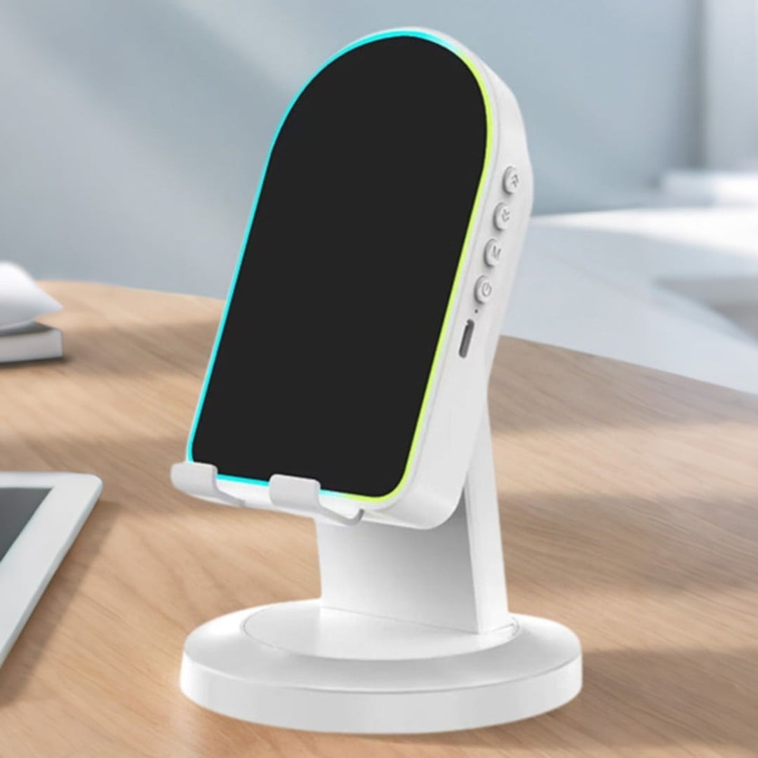 RGB LED phone stand white aurora borealis blue glow lifestyle