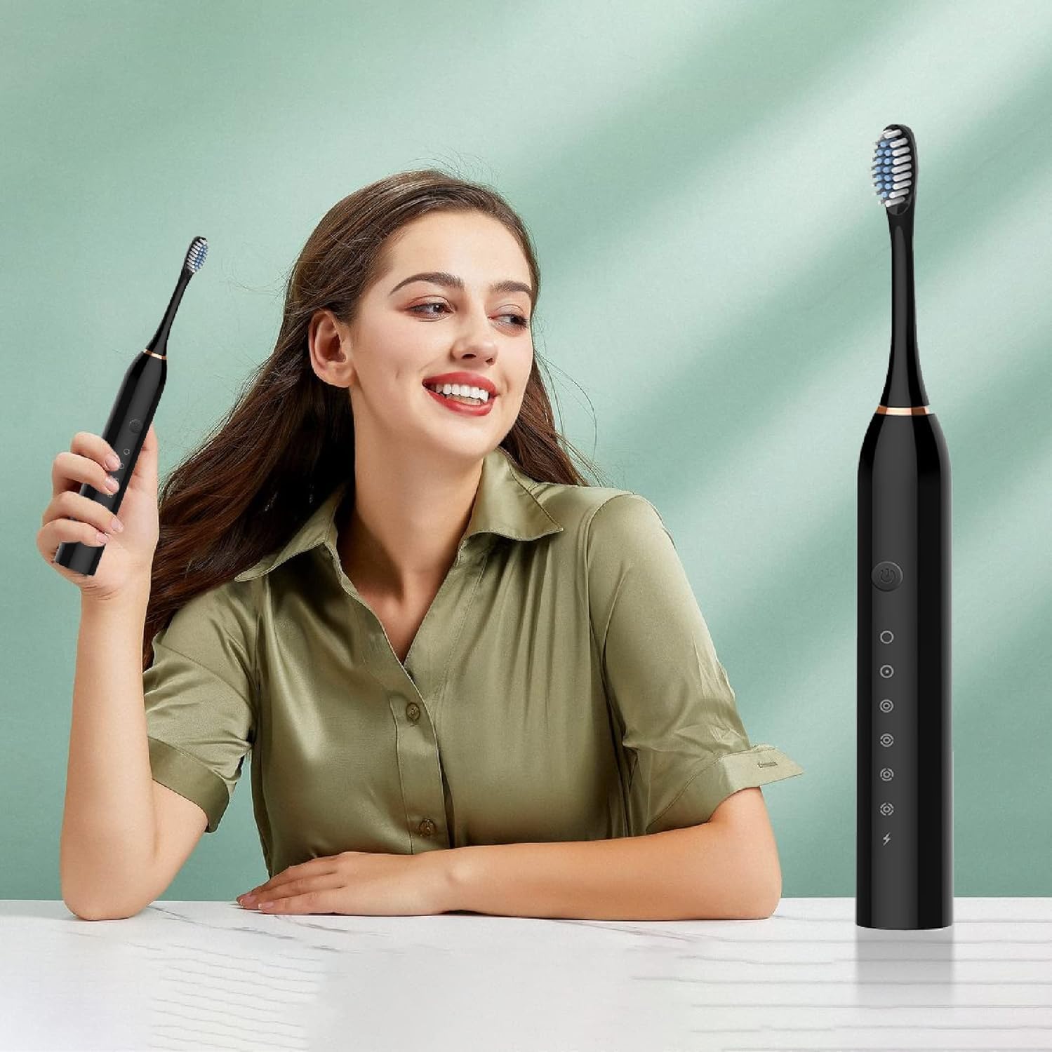 Sonic electric toothbrush lifestyle woman holding black toothbrush