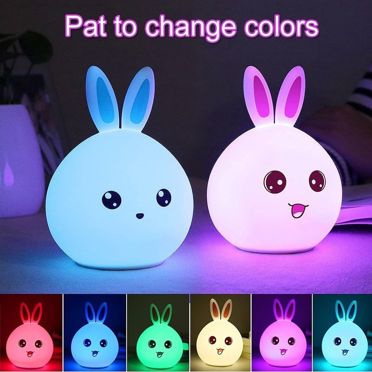 Cute Bunny Silicone Night Light – 7 Colour Changing LED Lamp | Pat to Change Colour | USB Rechargeable