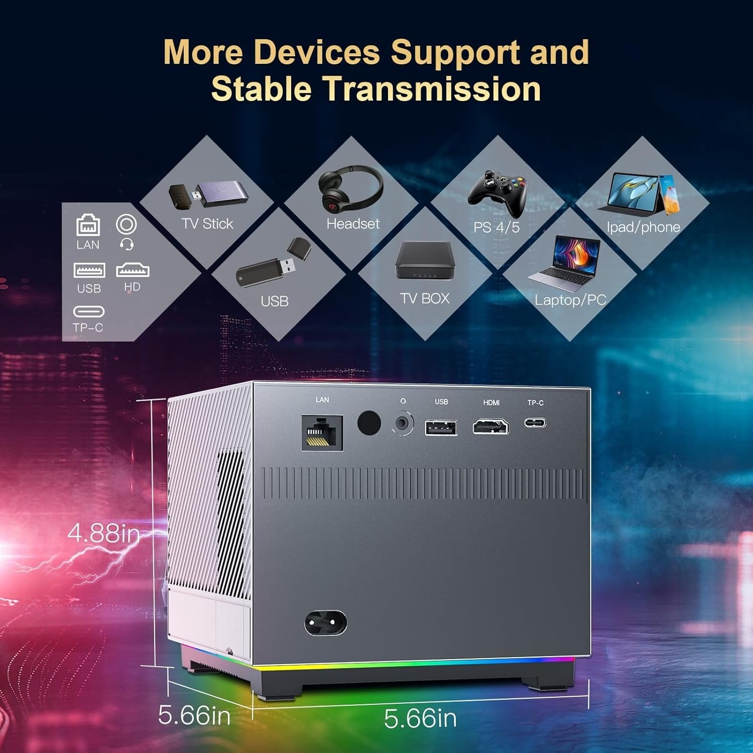 Xnano 8K Smart Projector – Android WiFi Bluetooth Home Theatre with Dolby Audio, RGB Lighting & Voice Remote
