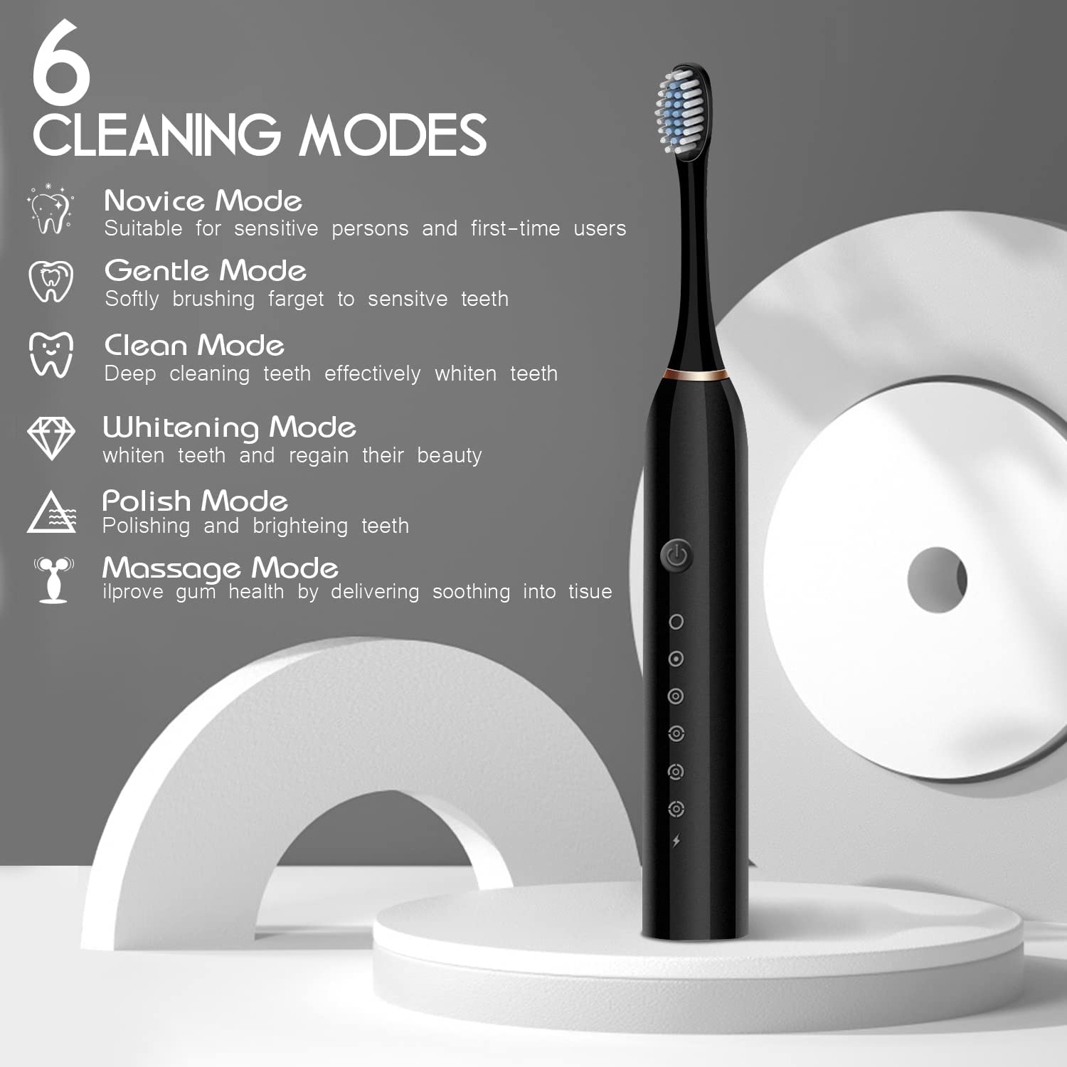 Sonic electric toothbrush 6 cleaning modes novice gentle clean whitening polish massage