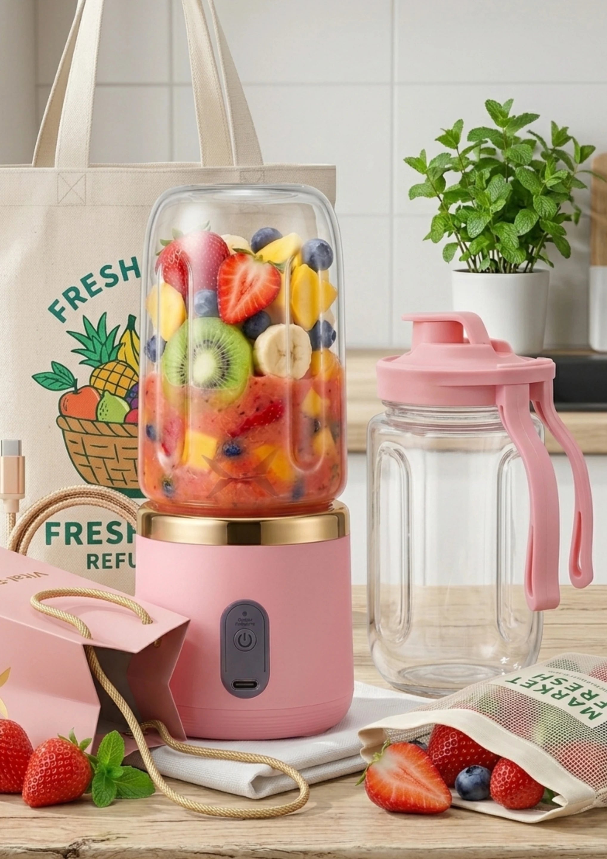 Portable Blender with flip-top jar and fresh fruits on kitchen counter