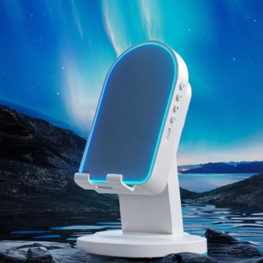 RGB LED phone stand white and black on desk with monitor coffee plant ambient lighting