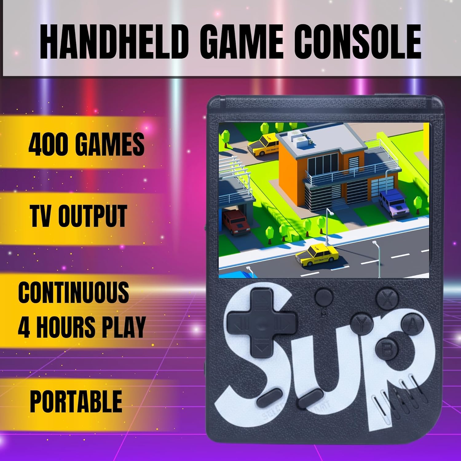 SUP Game Console - Back view with battery compartment open