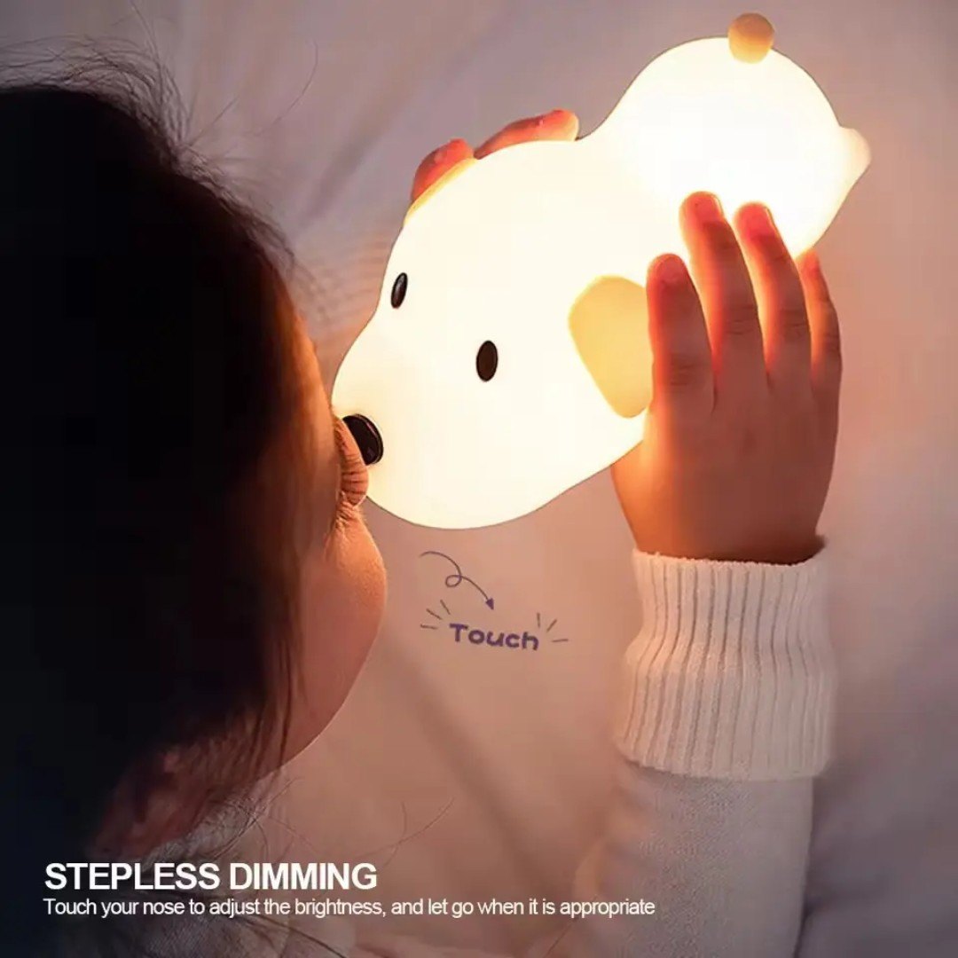 Cute Dog Silicone Night Light – Touch Control, Stepless Dimming, 15Hr Battery | USB Rechargeable Kids Lamp