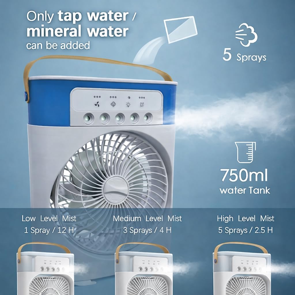 Portable Mini Air Cooler Fan with Mist Spray, 3 Speed, 7 LED Lights & 750ml Water Tank