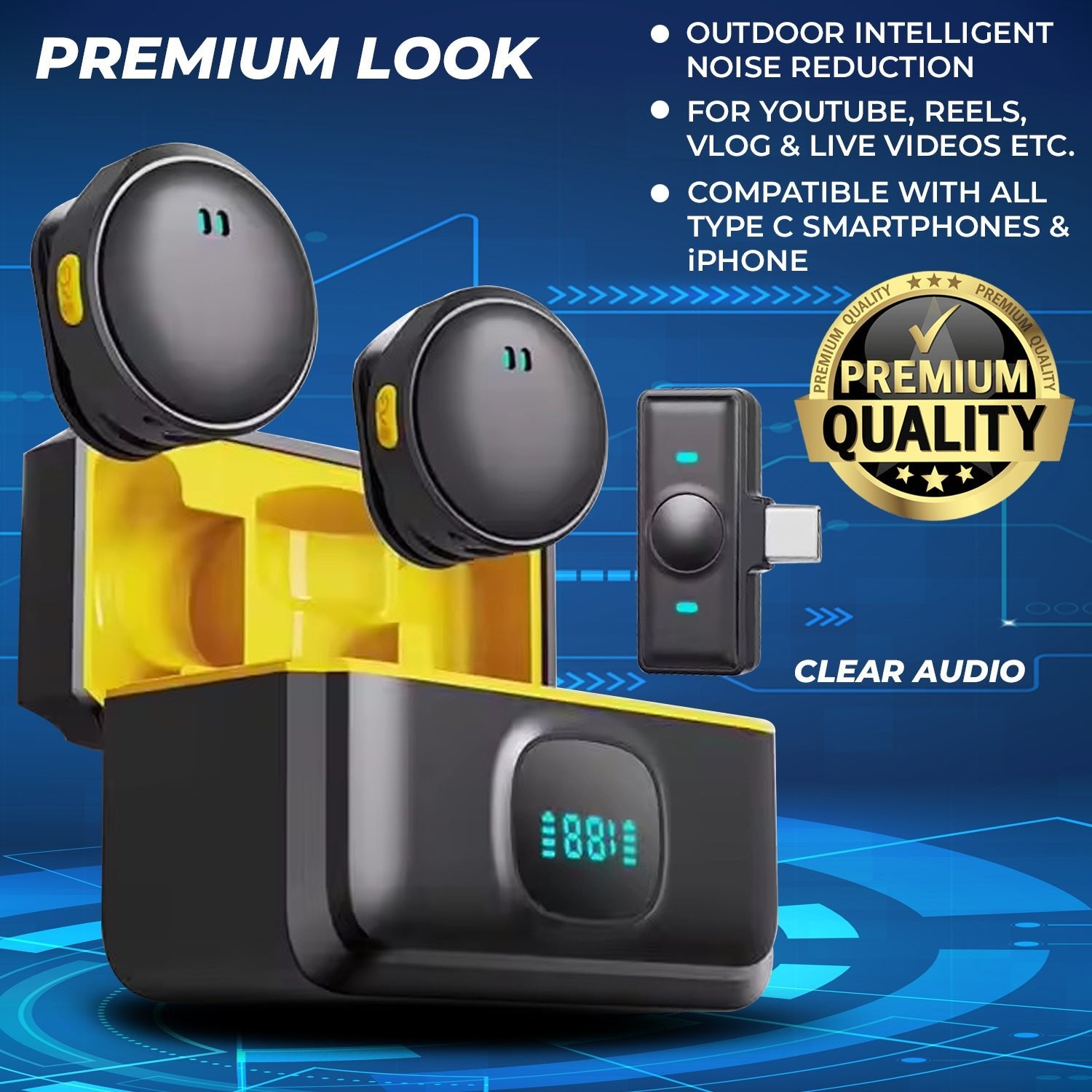 Wireless Lavalier Microphone – Dual Mics, Noise Cancellation, DSP Reverb | Compatible with Type-C & iPhone | For YouTube, Reels & Live Streaming