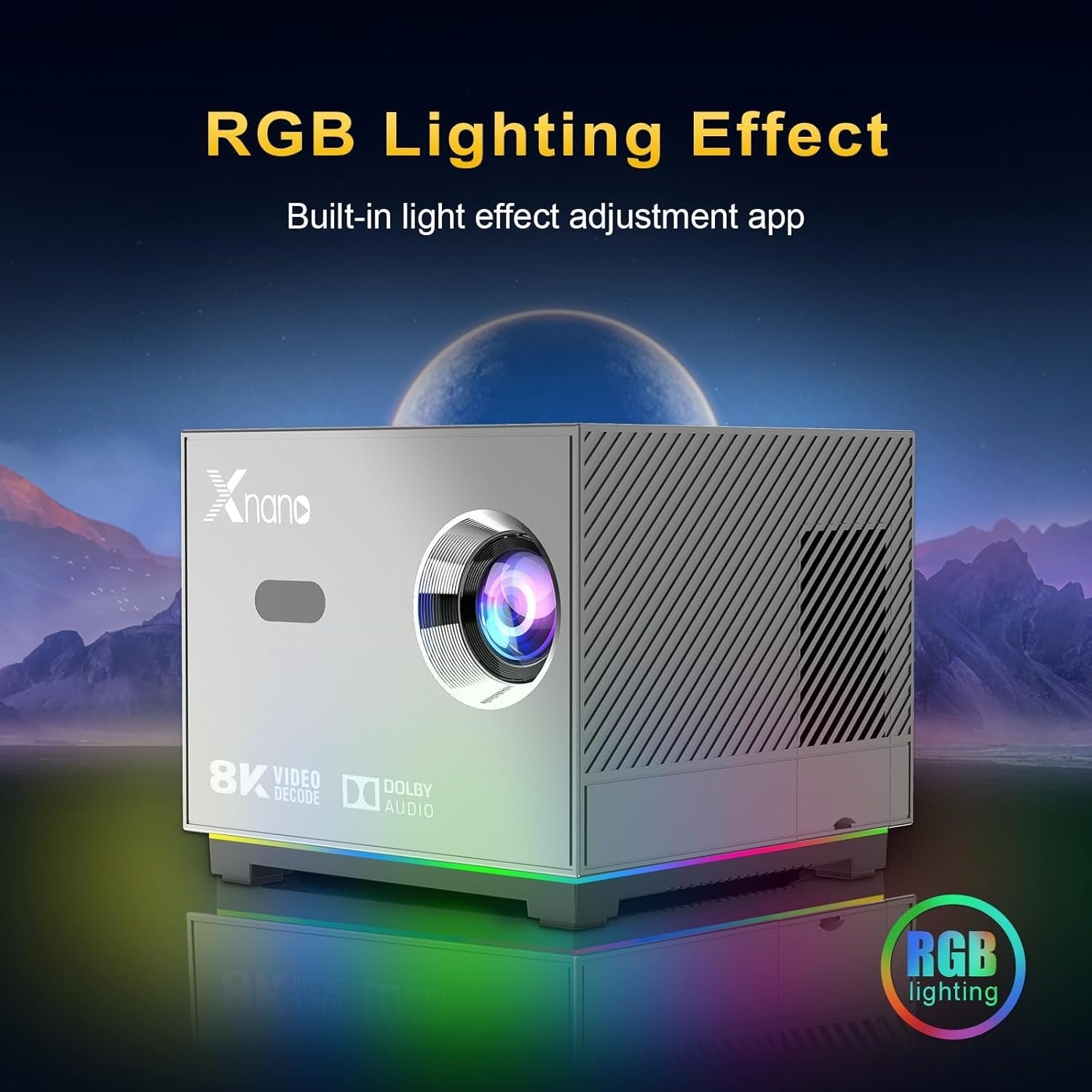 Xnano 8K Smart Projector – Android WiFi Bluetooth Home Theatre with Dolby Audio, RGB Lighting & Voice Remote