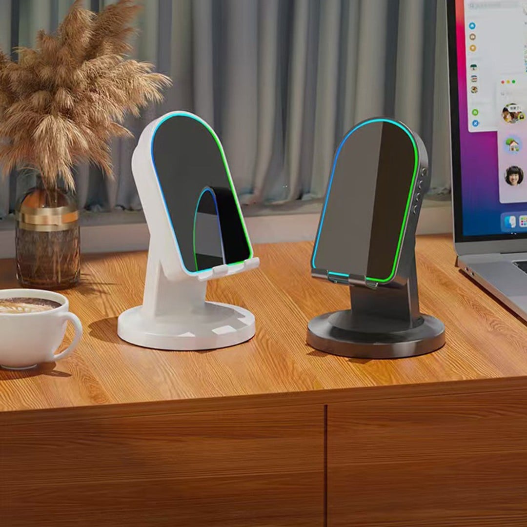 RGB LED phone stand white and black front view rainbow RGB lighting