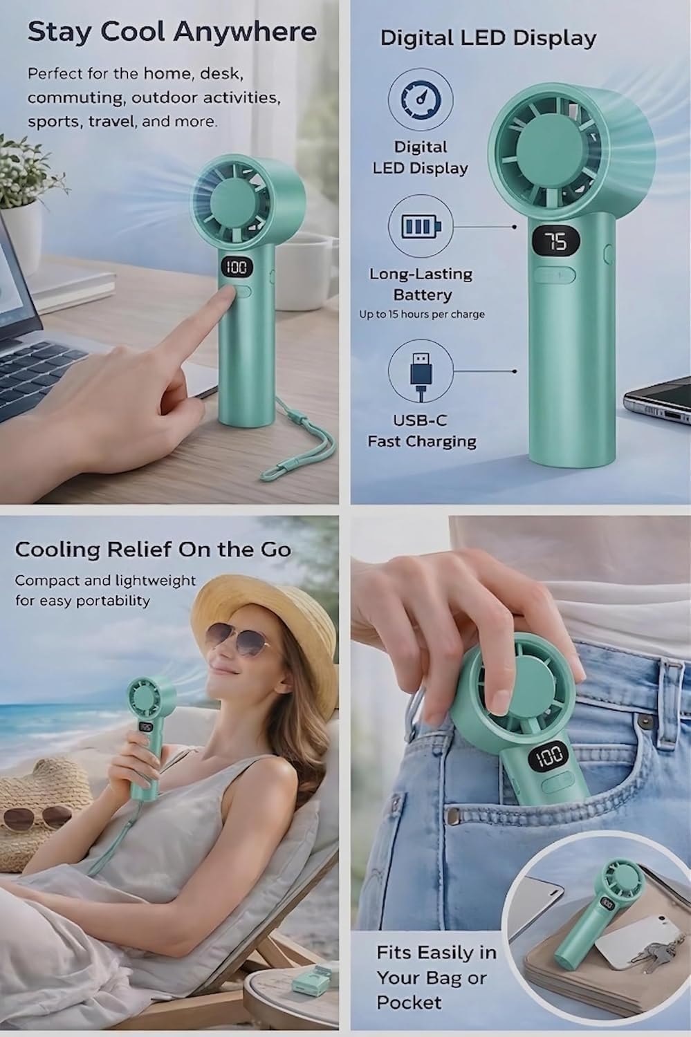 Portable Handheld Fan – 4000mAh Battery, 7.8m/s Turbo Wind, Digital Display | USB-C Fast Charging | For Travel, Outdoor & Desk