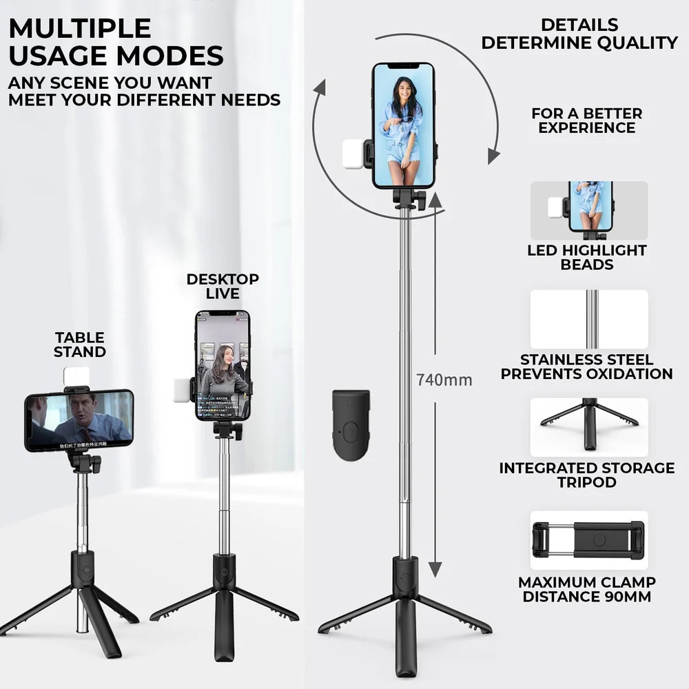 Selfie Stick Tripod with LED Fill Light & Bluetooth Remote – 40 Inch Extendable