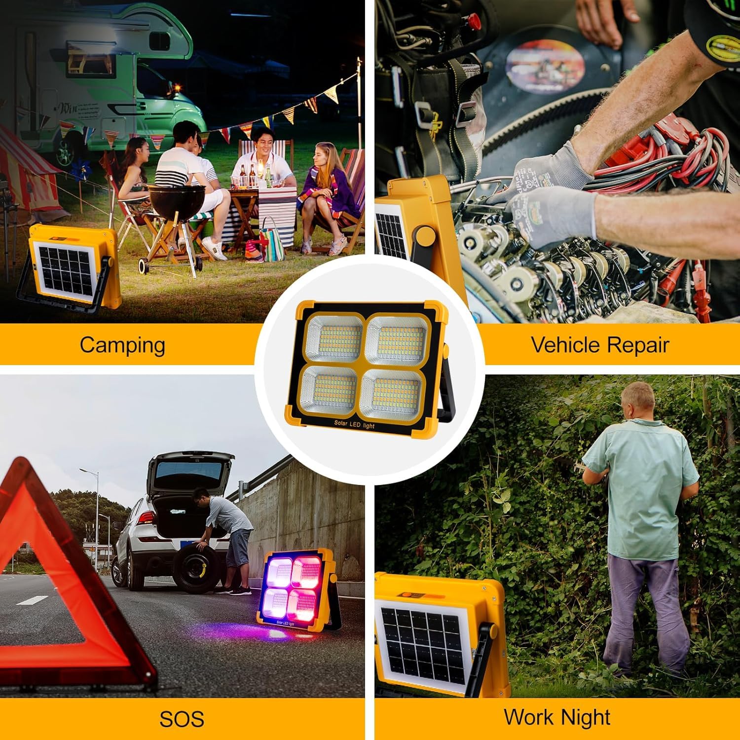 Solar LED work light parts diagram hook solar panel USB socket switch