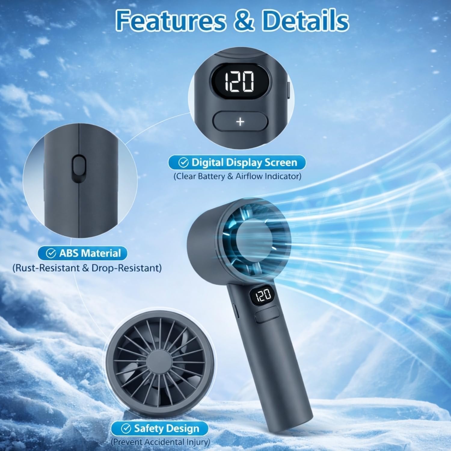 Portable Handheld Fan – 4000mAh Battery, 7.8m/s Turbo Wind, Digital Display | USB-C Fast Charging | For Travel, Outdoor & Desk