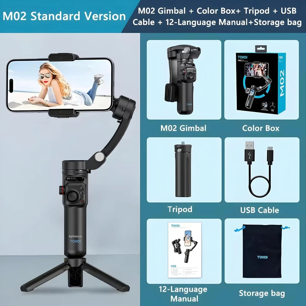 TOKQI M02 3-Axis Gimbal Stabilizer – AI Face & Object Tracking, Gesture Control
