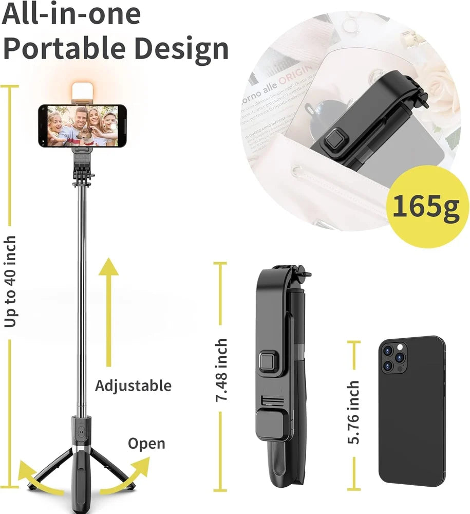 Selfie Stick Tripod with LED Fill Light & Bluetooth Remote – 40 Inch Extendable