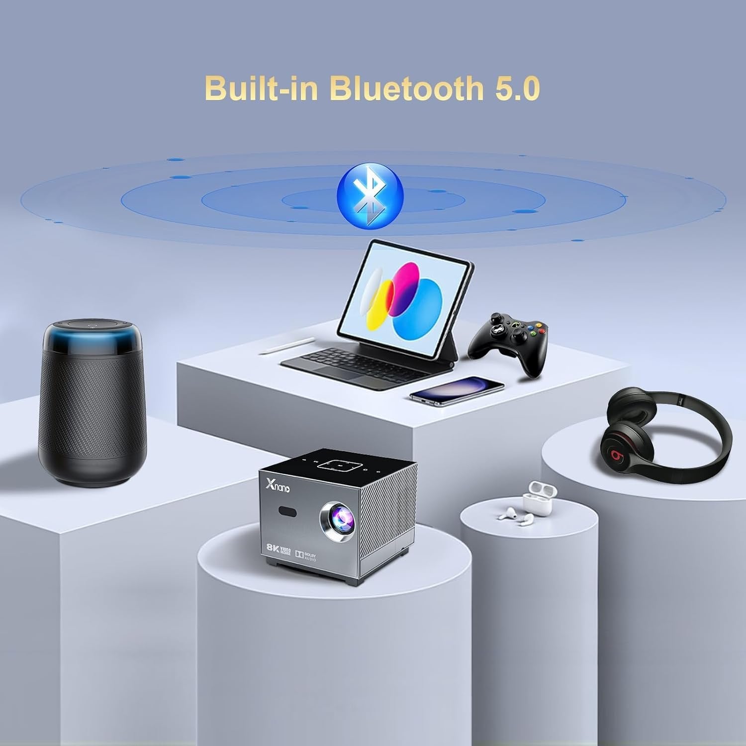 Xnano 8K Smart Projector – Android WiFi Bluetooth Home Theatre with Dolby Audio, RGB Lighting & Voice Remote