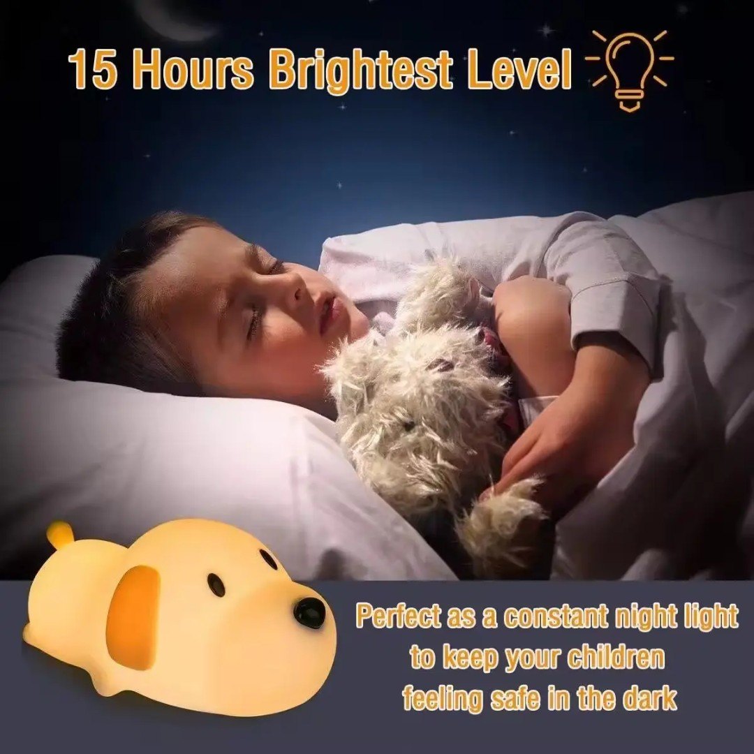 Cute Dog Silicone Night Light – Touch Control, Stepless Dimming, 15Hr Battery | USB Rechargeable Kids Lamp