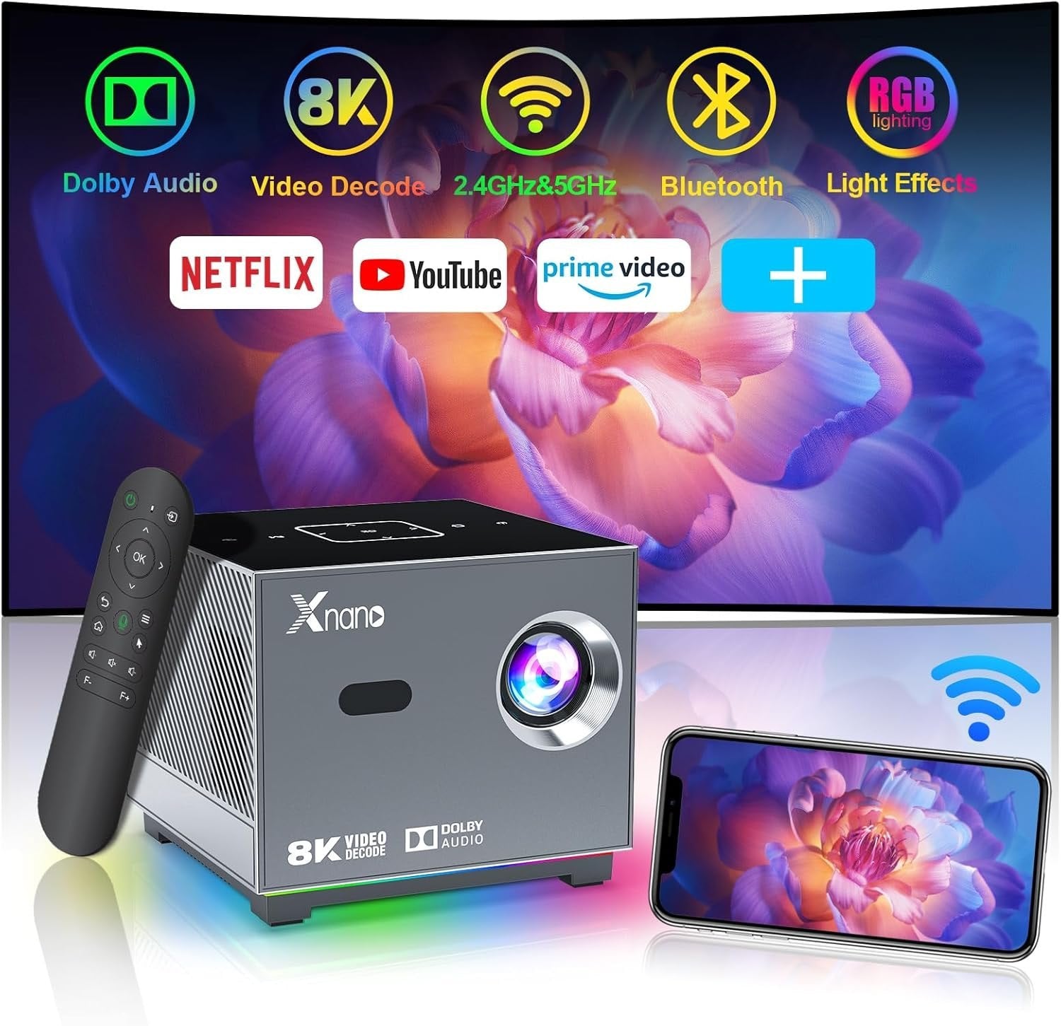 Xnano 8K Smart Projector – Android WiFi Bluetooth Home Theatre with Dolby Audio, RGB Lighting & Voice Remote